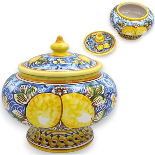 SICILIA BEDDA CAPACI Biscottiera o Portagioie con Gambo, in Ceramica Caltagirone - Ø 22 x h 20 cm ca. Decoro Limoni