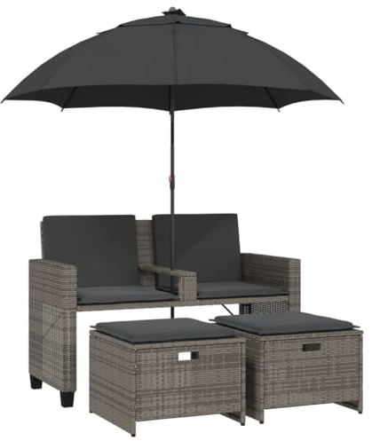 vidaXL Gartensofa 2-Sitzer Sonnenschirm und Hocker Grau Poly Rattan