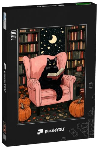 puzzleYOU: Puzzle 1000 Teile „Schwarze Katze beim lesen im Sessel an Halloween“