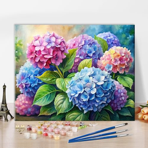 TISHIRON Kit de tableau de couleur pour adultes et débutants - Aquarelle hortensia dans des tons pastel apaisants - Kit de tableau de couleur pour adultes - Peinture à l'huile - Décoration pour