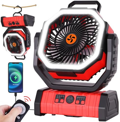 TDLOL Battery Powered Fan Portable,20000mAh Rechargeable Camping Fan with LED Lantern,Auto-Oscillating USB Personal Battery Operated Fans Portable for Tens & Hanging Hook (Red)