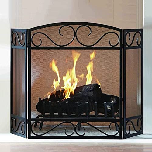 Paravent de cheminée à 3 panneaux noir 124 × 80 cm, pare-étincelles pour poêle à bois, maille métallique transparente,