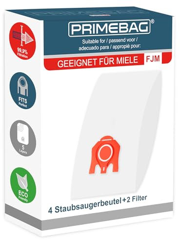 PRIMEBAG 4 Staubsaugerbeutel kompatibel für Miele FJM Compact C1/C2, Complete C1, S4 S6 S4000 S6000 inkl. 2 Filter - Staubbeutel 5-Lagen Vlies, Automatikverschluss