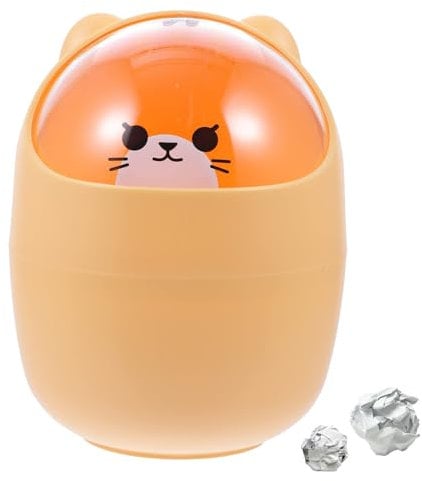 YUNXCNA Mini Schreibtisch Mülleimer mit Deckel, 16,5x12cm Tischmülleimer, Tragbarer Abnehmbarer Tischabfalleimer, Kreative und Niedliche Mülleimer, Mini Plastikeimer, Büro Mülleimer, Orange Bär