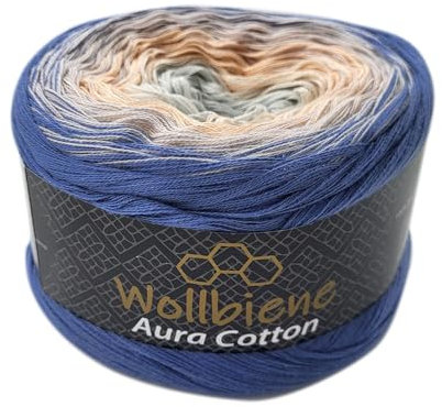 Wollbiene Farbverlaufsgarn 200g - 800m - 4 Fädig Bobbel Strickwolle Häkeln Bobbel Wolle Farbverlauf, 100% Baumwolle, Strickwolle Mehrfarbig (808 blau apricot silber)