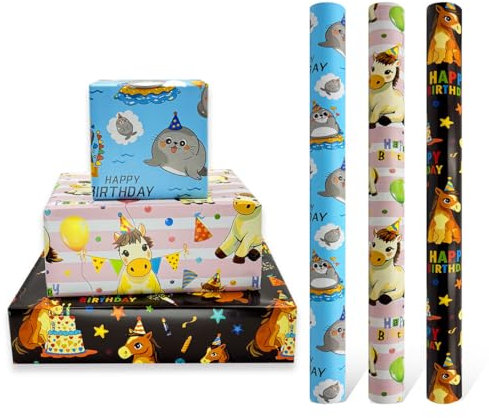 3 Rollen 43 cm x 3 m Geschenkpapier zum Geburtstag, recycelbares Geschenkpapier mit Tiermotiven, bedruckt mit Pferd und Robbe, geeignet als Geschenkdekoration für Kinder, Jungen und Mädchen