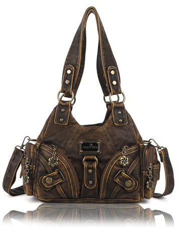 Angel Kiss Purses for Women Small Hobo Shoulder Bags Vagen Leather Multi-Pocket Tote Bag with Zipper (Retro Brown)