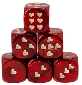 WeLoveDice - Würfel Seide Rot mit weißen Herzen - Made in Germany - 6 Stück