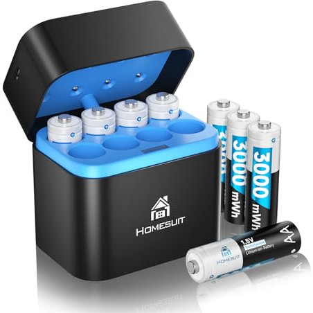 Homesuit Rechargeable Battery AA with Charger 3000mWh Batteries AA Pack for Blink Outdoor Camera 1.5V Constant Output Double A Battery Recharge up to 2000+ Cycles (8-Pack)