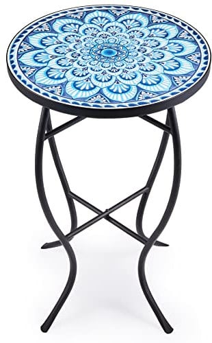 VONLUCE Mosaic Side Table and Plant Stand, 53.5cm Height with 36cm Ceramic Tile Top, Indoor and Outdoor Accent Tables, Outdoor Patio Bistro Coffee Table for Home & Garden (Blue)