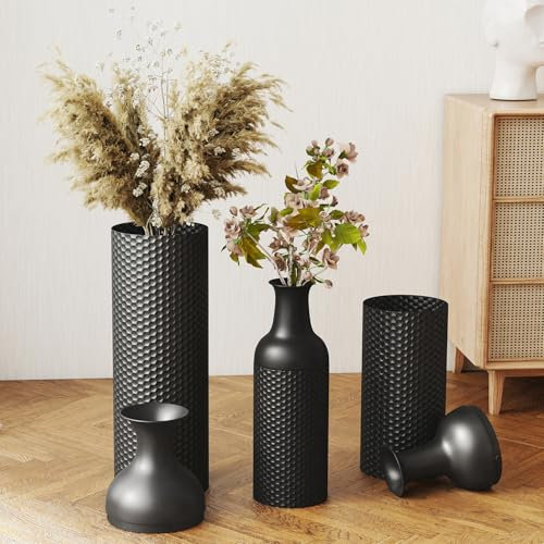 ybaymy Large Floor Vases 68/51/41cm Tall Black Metal Floor Standing Vase Set of 3 Honeycomb Texture Modern Oversized Home Decor for Living Room Bedroom Home Fireplace Corner Hallway Office Decor