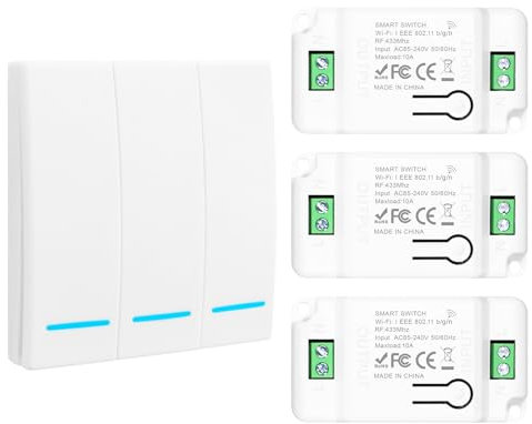 230V Lichtschalter Set, RF 433Mhz Funk Lichtschalter, Funkschalter 230v mit Empfänger Reichweite von 100M, Funk-Sender-Sicherheitsschalter und Empfänger-Controller 10A-1 weiß Schalter und 3 Empfänger
