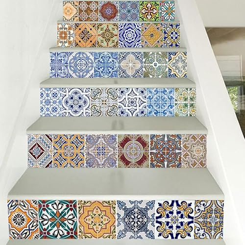 6 Pcs Sticker Carrelage, Sticker Autocollant contremarche Carreaux de Ciment, Stickers Escalier Carreaux Autocollants 3D, Escalier Carreaux de Ciment adhésif, 18cmX100cmX6pcs
