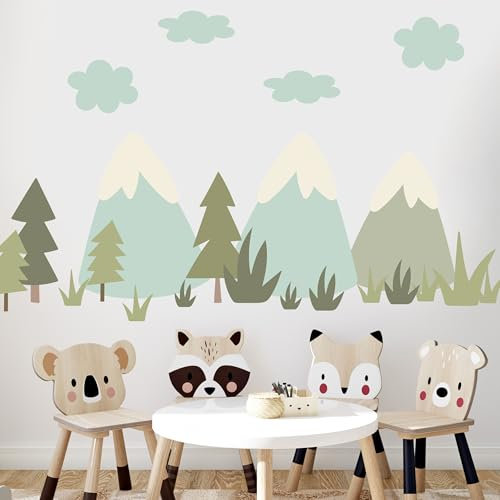GRAZDesign Wandtattoo Set Berge & Wald – Bäume, Wolken & Naturmotive fürs Kinderzimmer