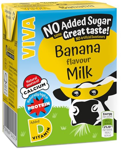 Viva Banana Flavoured Milk Drink - 27 x 200ml Cartons - No Added Sugar - Rich in Calcium & Vitamin D - Long Life UHT - School Approved