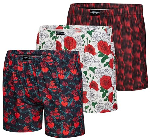 ED HARDY Boxers, 3 Pack, Colors include: Navy with Hearts, Fire Red, White Roses