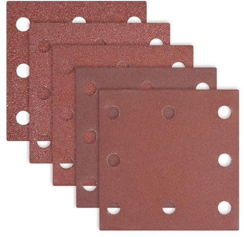 100 Stück Schleifblatt Set - 110x115mm Rechteckiges Schleifpapier Klett Körnung 40/60/80/120/240, 8 Löcher, Zubehör für Multischleifer, Schwingschleifer, für Holz Metall und Farbe Schwingschleifer