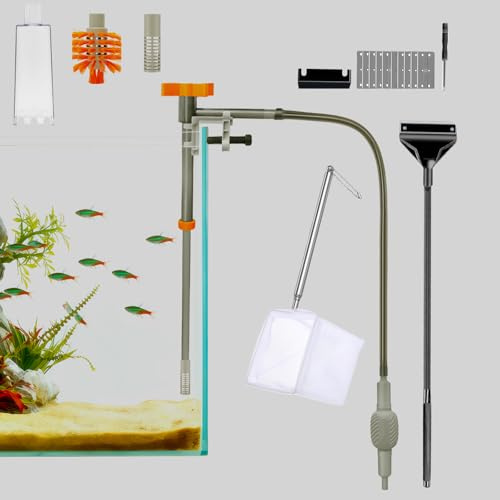 Aquarium-Wasserwechsler-Set, Aquarium-Staubsauger mit professionellem Aquarienschaber und Garnelennetz, manuelles Aquarien-Kiesreinigungswerkzeug für Wasserwechsel, Sandreinigung und Pflege