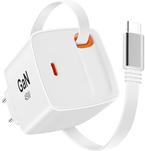 envircell 45W USB C Ladegerät mit Einziehbarem Kabel, GaN Schnellladegerät mit 2 Port, PPS Netzteil Kompatibel mit Galaxy S25, S24, A15, iPhone 16-8 Serie, Pads, MacBook Air