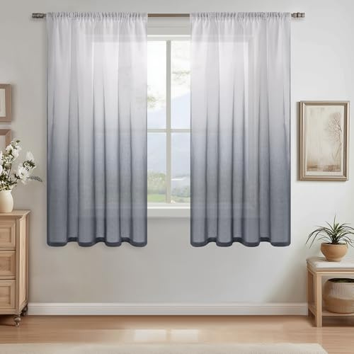 DWCN Sheer Vorhänge mit Kräuselband, Grau Farbverlauf, H175 x B140 cm | 2er Set, Kurz Gardinen mit Schienensystem, Transparent Vorhang Luftig für Fenster Wohnzimmer Schlafzimmer Kinderzimmer