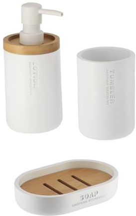 Tendance - Set Gobelet Distributeur à Savon et Porte Savon Polyrésine - Blanc/Bambou - Salle de Bain - Accessoire Salle de Bain à Poser
