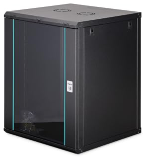 DIGITUS Netzwerkschrank – 19 Zoll 16HE – Unmontiert – Dynamic-N – Schwarz | 600 mm Tiefe – 470 mm Nutztiefe – Wandmontage – 60 kg Traglast – Glastür