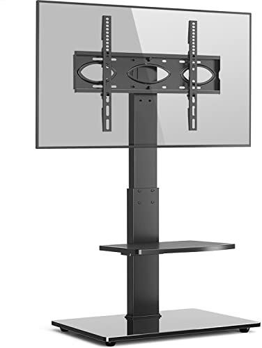 RFIVER Supporto TV da Pavimento, Porta TV da Terra per Schermo 32-70 Pollici LED OLED LCD, Piedistallo TV con Staffa Girevole e 2 Ripiani in Vetro Temperatoper, Max VESA 400x400 mm, Fino a 50 KG Nero