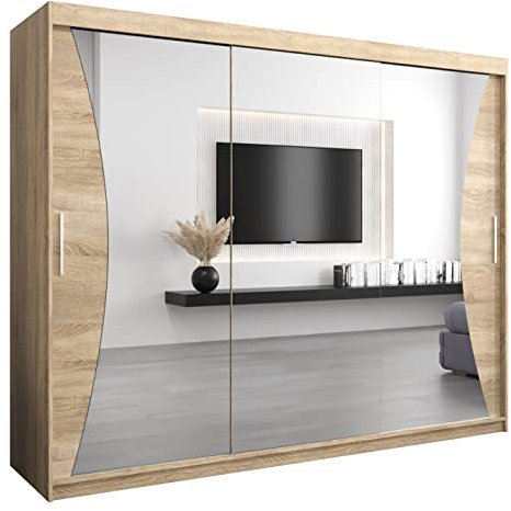 MEBLE KRYSPOL Kleiderschrank mit Spiegel Monaco - Garderobenschrank - Schrank Schlafzimmer - Mehrzweckschrank DREI Schiebetüren - Regalen - Flur Möbel - Kleiderstange Schrank - Allzweckschrank