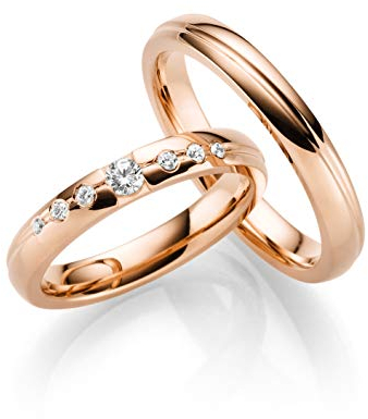 JC Trauringe Silber 925 Paarpreis Eheringe Rotgold Plattiert I Verlobungsringe 3,5 mm breit I Partnerringe mit Gravur in edler Schatulle I 2 Hochzeitsringe Herrenring & Damenring mit Steinen I LC155-P