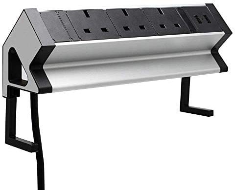 Power Strip Extension Lead 3 Way Outlet Extension Socket with 2 USB, Desktop Clamp Power Socket for Office Kitchen Worktop, 6ft Extension Cable