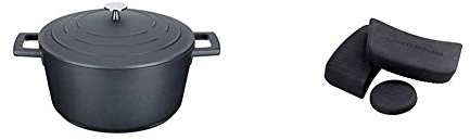 MasterClass Lightweight Casserole Dish with Lid, Cast Aluminium, Black, 4 Litre / 24 cm + MasterClass Pan Handle Sleeve Set for Cast Aluminium Casserole Pots, Easy Grip Silicone, 3 Pieces
