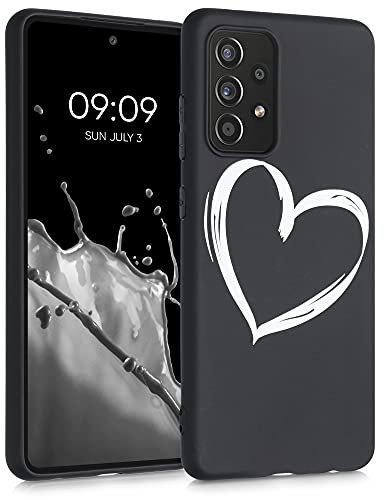 kwmobile Hülle kompatibel mit Samsung Galaxy A52 / A52 5G / A52s 5G - Handyhülle Silikon Case - Herz Brush Weiß Schwarz
