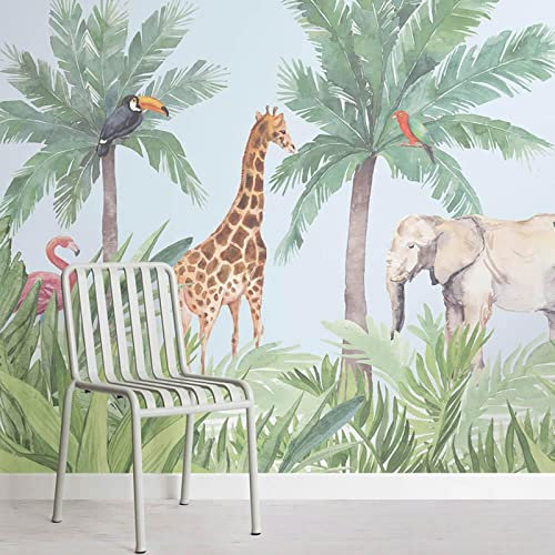 Yimesoy Benutzerdefinierte Aquarell Wild Wirren Dschungel 3D Tapete Wandbild Für Kinder Kinderzimmer 3D Cartoon Tapete Exotische Tiere Wohnkultur 120Cm(W)×80Cm(H)