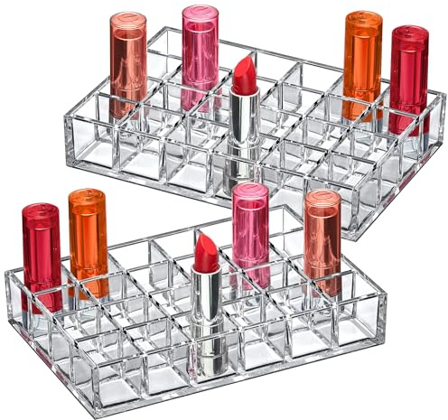 Amazing Abby - Allure - 2-Pack 24-Slot Acrylic Lipstick Organizer, Lipstick Holder, Lip Gloss Holder, Cosmetic Storage Display, Perfect Storage Solution for Drawer and Vanity (Slot Size: 1.0 x 1.0)