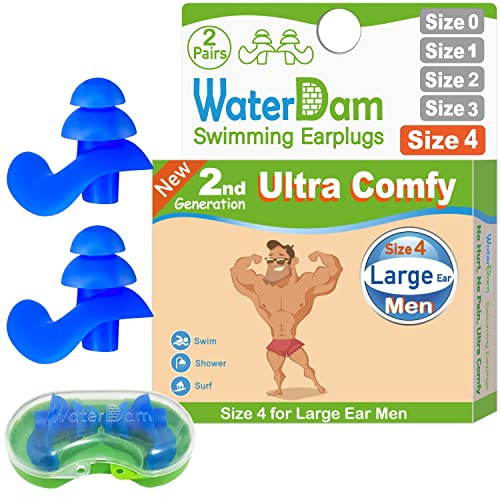 WaterDam Swimming Ear Plugs - Ultra Comfy Waterproof Earplugs Prevent Swimmer's Ear (Large, Blue)