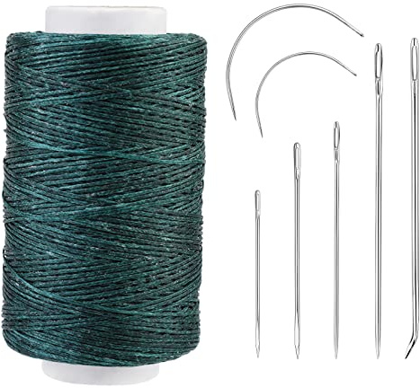 Namner Leather Waxed Thread, 250M Sewing Waxed Thread Cord with Heavy Duty Needles, Upholstery Repair Sewing Thread Kit for Bookbinding, Shoe Repairing, Leather Projects, 150D/Dark Green