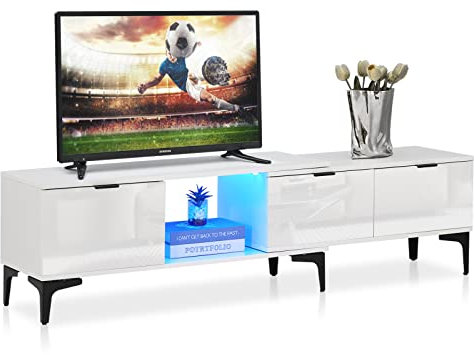 TUKAILAI Fernsehschrank Weiss Hochglanz mit LED Beleuchtung TV-Lowboard 120 CM-170CM Erweiterbar TV Schrank mit 3 Schubladen, Leuchten und Metallbeine Fernsehtisch Sideboard TV Möbel Tisch Board Weiß