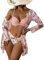 Litthing Ensemble bikini pour femme avec chemisier châle, push-up réglable, dos nu, haut de bikini imprimé, taille haute, maillot de bain ventre plat, Rose, M