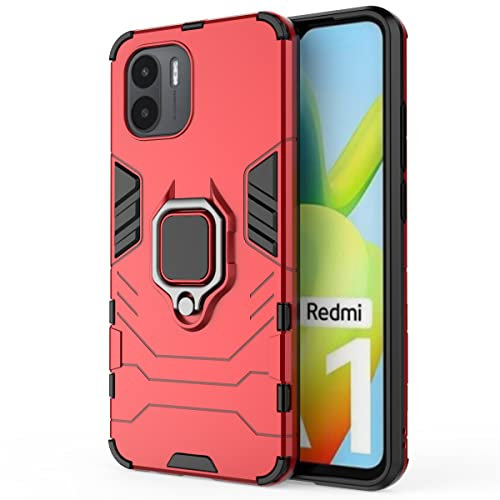 Coque pour Xiaomi Redmi A1 / Redmi A2 Housse Antichoc avec Anneau Rotatif Aimant Etui Magnétique Rigide Dure Armure Bague Support Armure Renforcée (Xiaomi Redmi A1 / Redmi A2, Rouge)