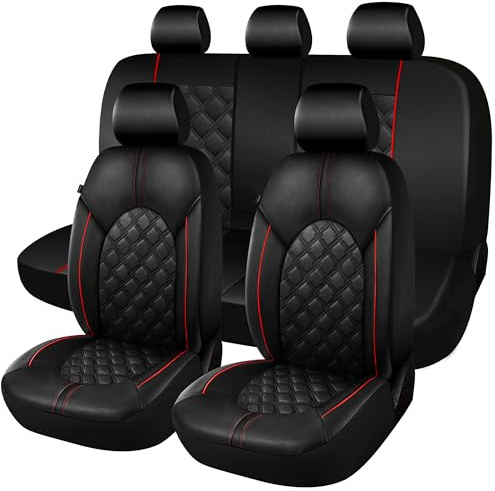CAROMOP Luxury PU Leather Car Seat Covers Full Set-Waterproof Seat Protectors with Split Bench Seat Covers for Cars-Universal Cars Interior Covers for Sedans, SUVs, Pick-up Trucks (Black/Red Line)