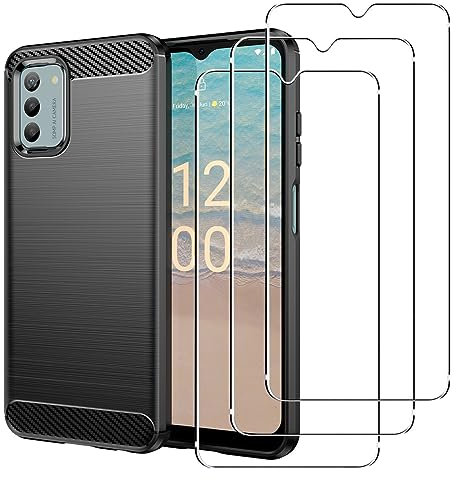 carinacoco Case for Nokia G42 5G with 3 Tempered Glass Screen Protector, Soft TPU Carbon Fiber Texture Shockproof Bumper Anti-Drop Rugged Cover, Ultra Slim Anti-Scratch Phone Case, Black