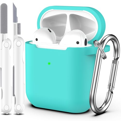 R-fun compatibile con AirPods 2 generazione 2019 Custodia, 1 gen 2016 Custodia con kit di pulizia e portachiavi, morbida custodia protettiva in silicone per Apple AirPods,Verde acqua