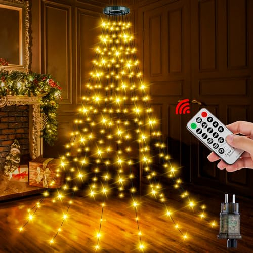 Lichterkette Weihnachtsbaum mit Fernbedienung - 2M 12 Stränge 240LED Wasserdicht Christbaumbeleuchtung mit Ring Innen Außen, Weihnachtsbeleuchtung 8 Modi Memory Timerfunktion Christbaum Dekoration