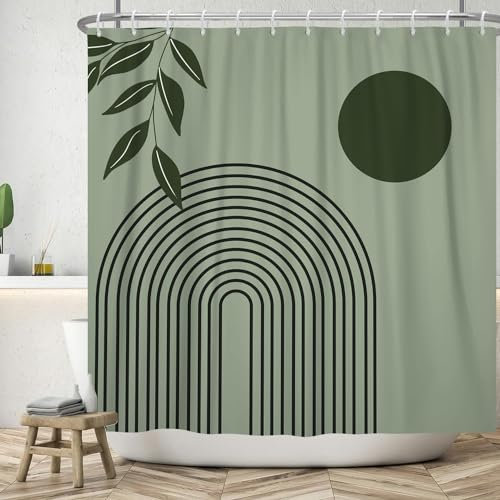 ASDCXZ Boho Duschvorhang 240x180 cm (BxL), Modern Abstrakt Kunst Grün Blätter Sonne Linie Salbei Grün Waschbar Duschvorhänge Textil Wasserdicht Duschvorhang für Badewanne mit 12 Haken