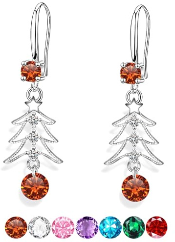 Sfoni Christmas Tree Earrings, S925 Silver Sparkling CZ Crystal Dangling Earings Rhinestone Xmas Tree Earrings Dangle Hook Earring Jewellery Gifts for Women Lady Teen Girls, Orange