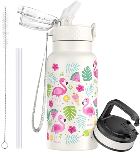 OLDLEY 500ml/17oz Kids Stainless Steel Insulated Water Bottle with Straw Double Wall Metal Vacuum Leakproof Reusable Small Flask with 2 Different Lids Hot Cold Drinks for Boys Girls Toddler Children