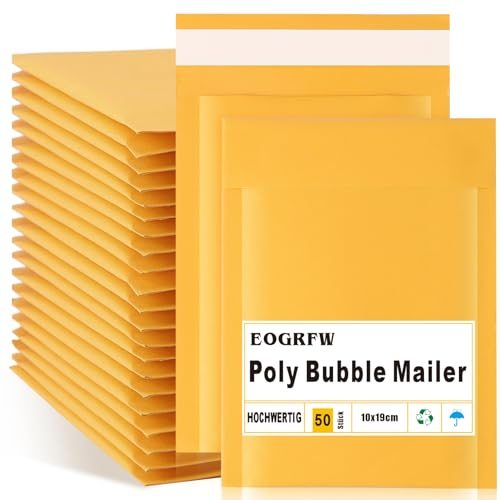 EOGRFW 50 Stück luftpolsterumschläge,10 * 19CM Versandtaschen Luftpolster,Polsterumschläge haftklebend,Luftpolsterumschlag reißfest,Luftpolstertaschen,Briefumschläge gepolstert für Versand