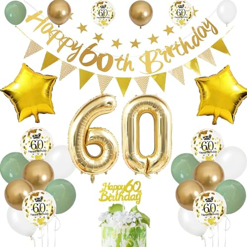 60. Geburtstag Deko Salbeigrüne - Luftballon für Frau Mann, Ballon Zahl 60, Tortendeko für 60 Jahre Geburtstagsdeko