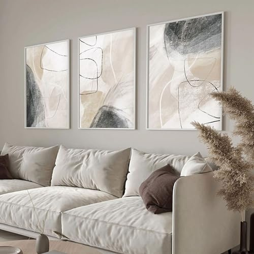 HEHGVCF Abstrakt Leinwand Poster 3er Set,Abstrakt Marmor Art Bilder Beige Grau Geometrische Leinwand Wandbilder Wohnzimmer Bilder Deko Ohne Rahmen (Geometrische,70x100cm)