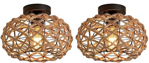 LIGKIN 2 Stücke Vintage Deckenleuchte Boho Rattan Hängelampe, E27 Metalle Geflochten Lampenschirm Deckenlampe, Ø25CM Rustikal Industrielle Deckenleuchten für Schlafzimmer Wohnzimmer Korridor